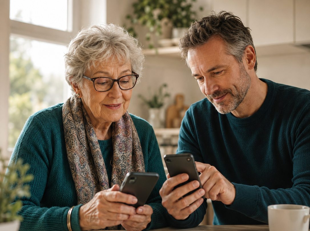 An older woman and her adult son sitting together, each using a smartphone